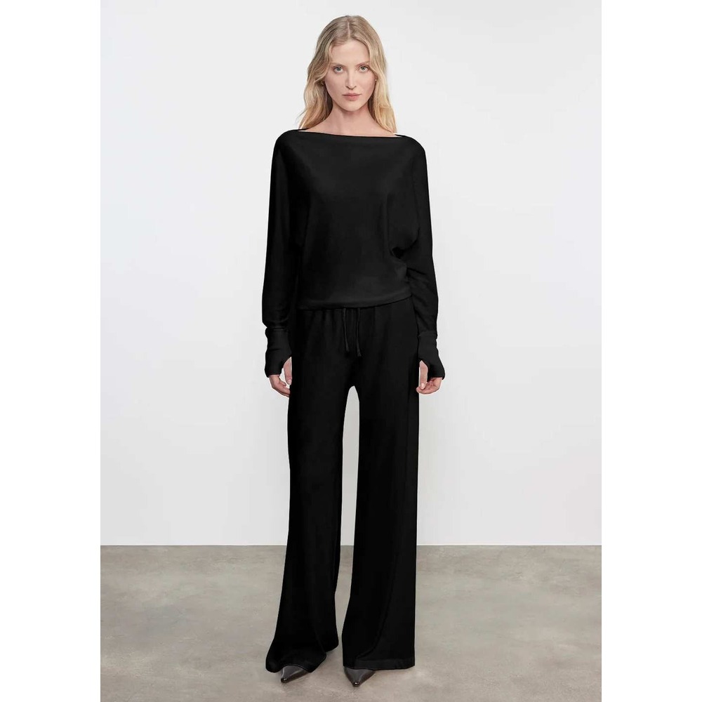 ENZA COSTA Cashmere Jersey Drawcord Pants Women Small Black Lounge Wide Leg